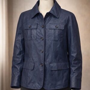 Elegant Navy Leather Jacket Blazer for Women